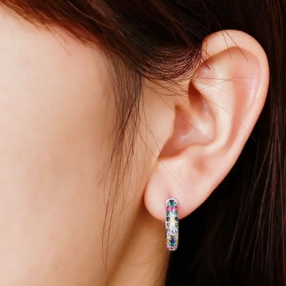 Silver Plated Mini Hoop Earrings Sparkling colorful Zircon Gem - Picture 4 of 10